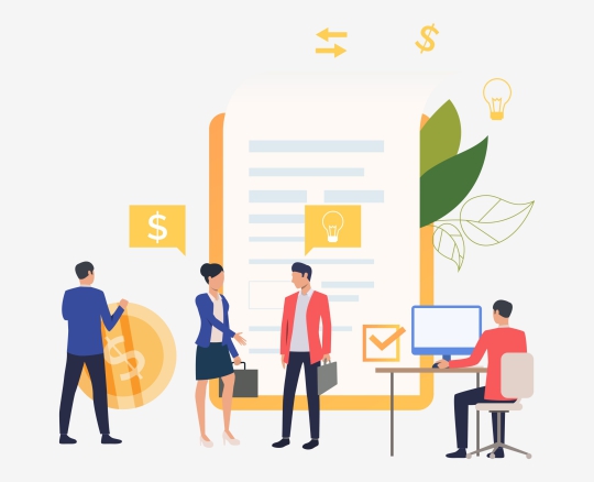 Business people working on computer and concluding contract. Internet, partnership, smart contract concept. Vector illustration can be used for topics like business, technology, management