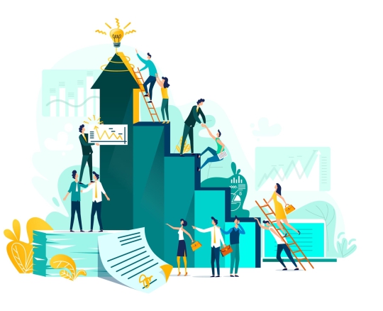 Goal achievement and teamwork business concept, career growth and cooperation for development of project, idea vector flat cartoon illustration. Ladder of success and climbing people, company staff