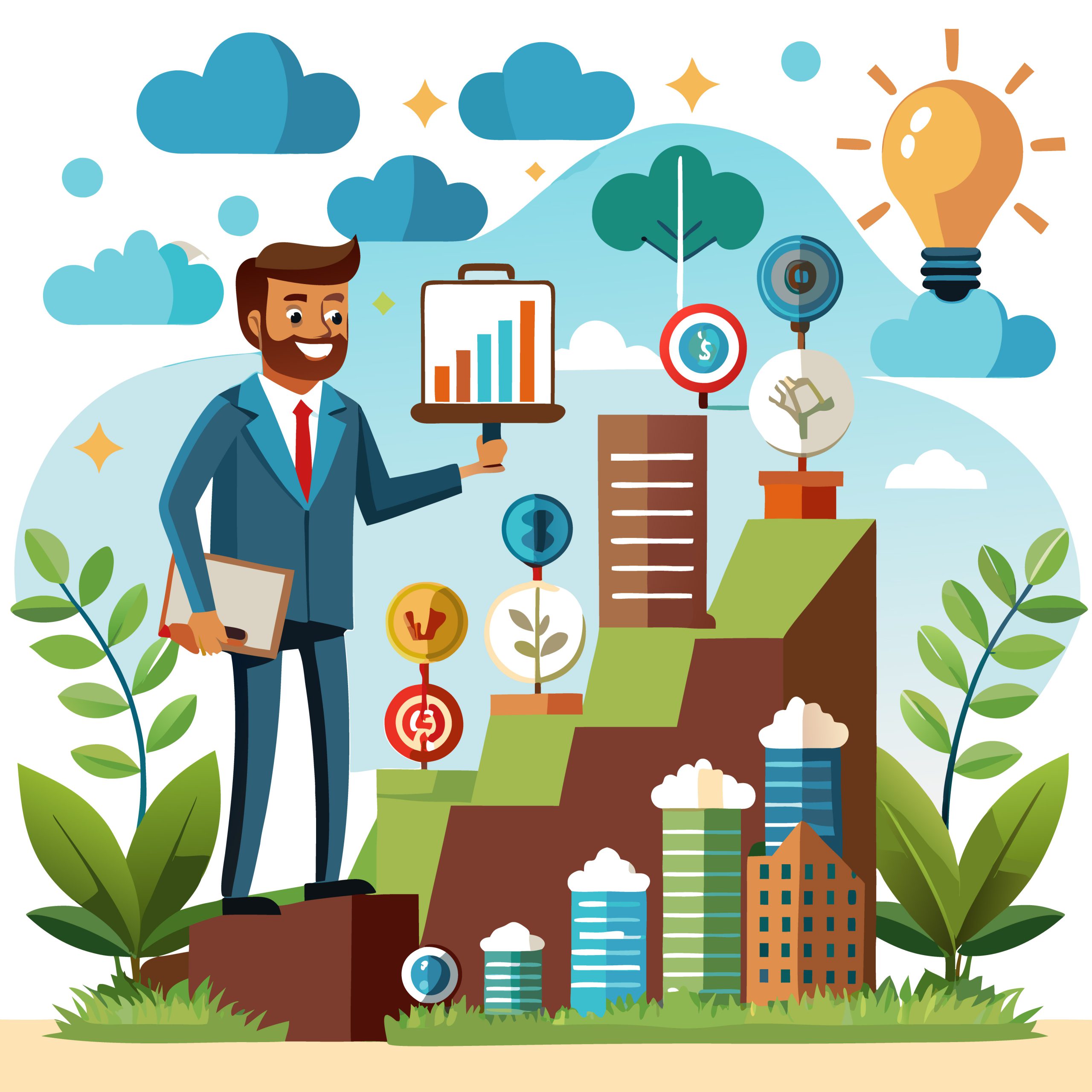 A businessman presenting growth data in a vibrant, eco-friendly setting.