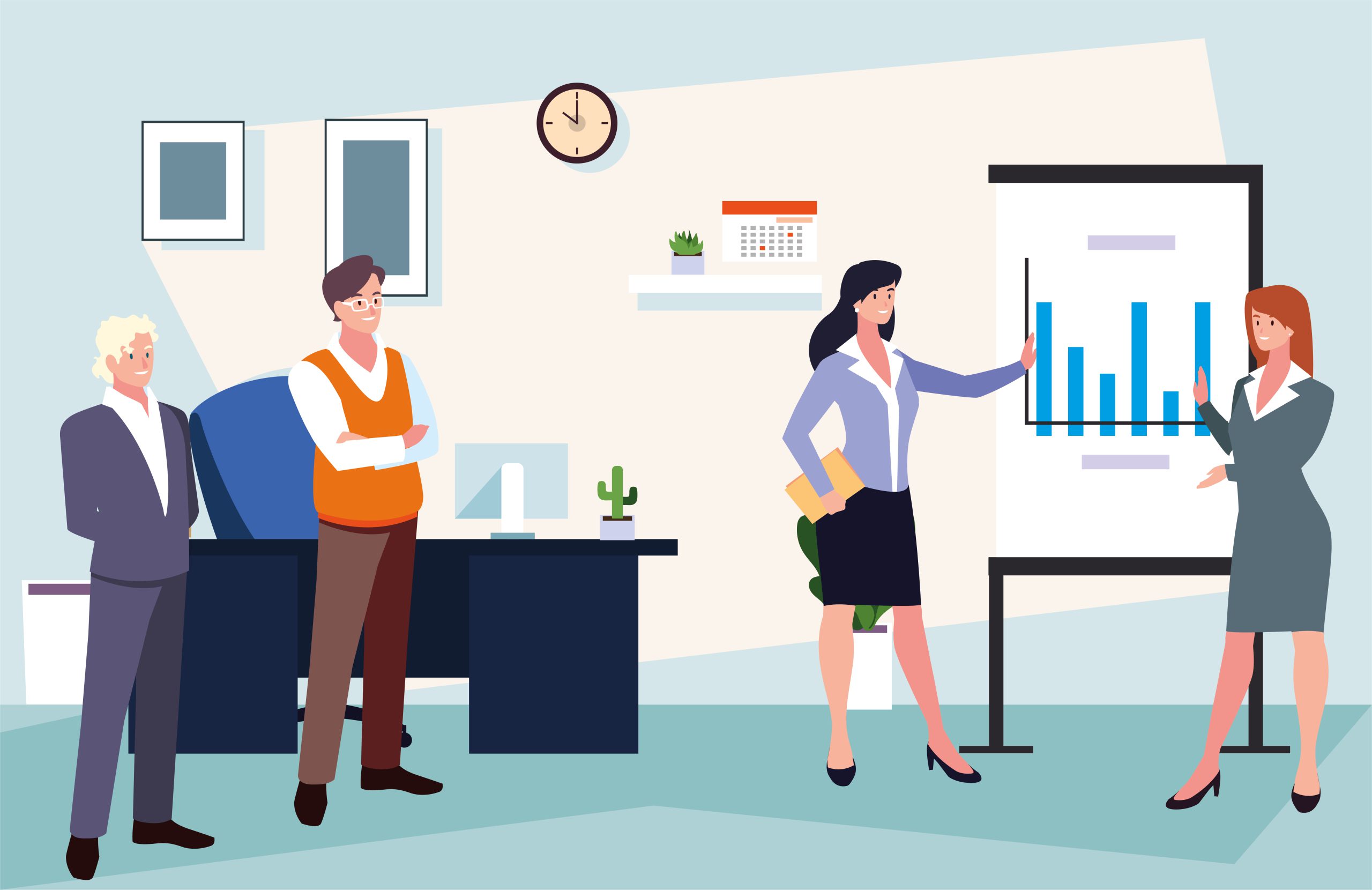 group of people business in the work office, coordinated work in friendly team in the office vector illustration design