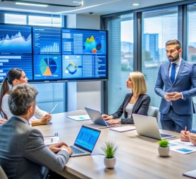 Business Meeting Around Table with Data on Displays.
