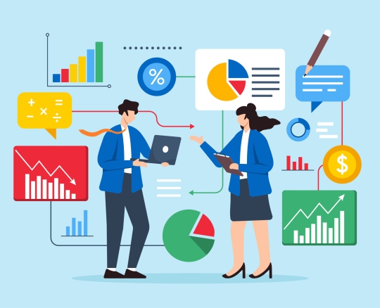 Flat illustration of two professionals analyzing data to find solutions featuring charts and graphs